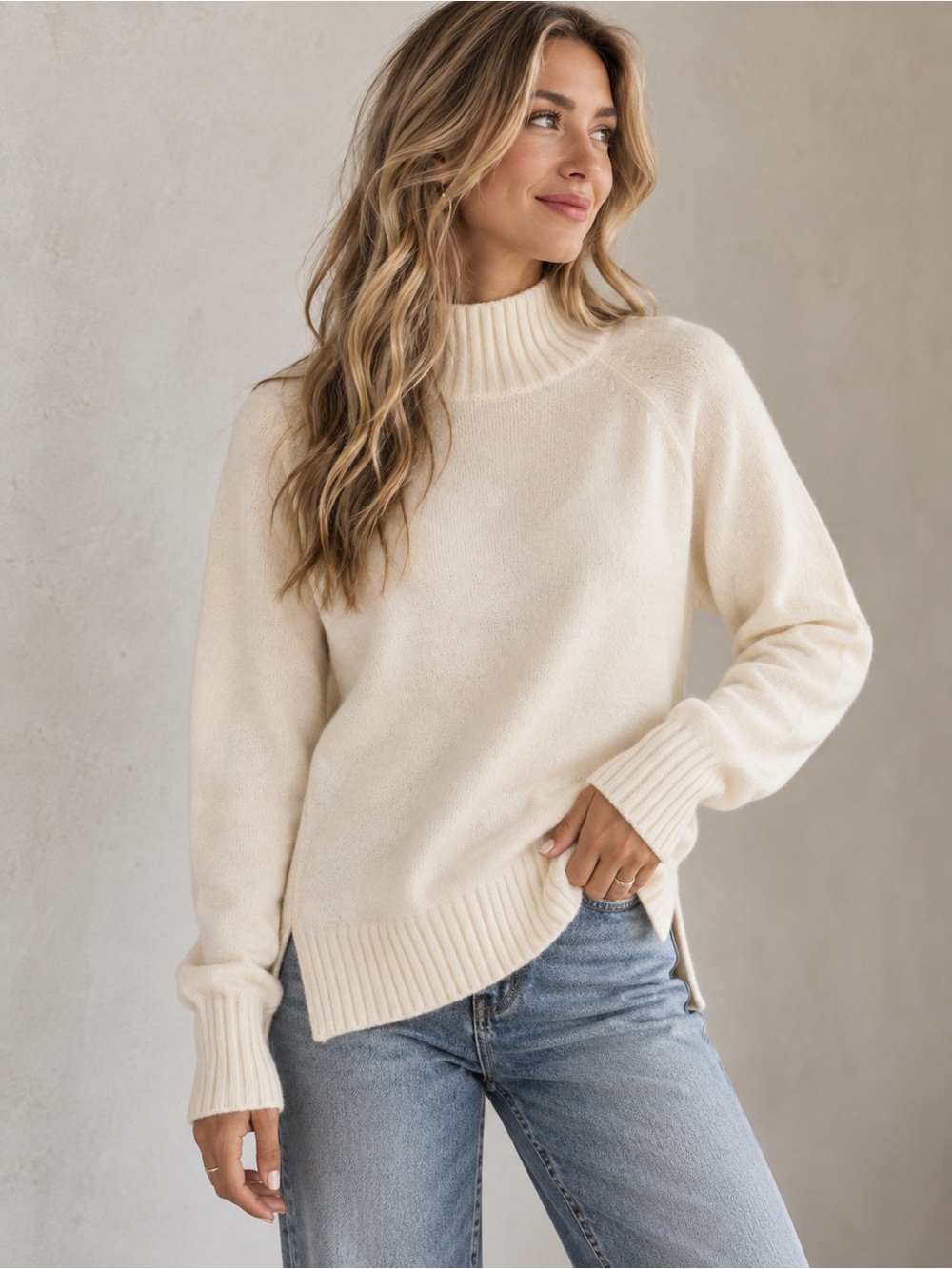 Emery Rose Cream Mock Neck Raglan Sleeve Split Hem Sweater size Medium